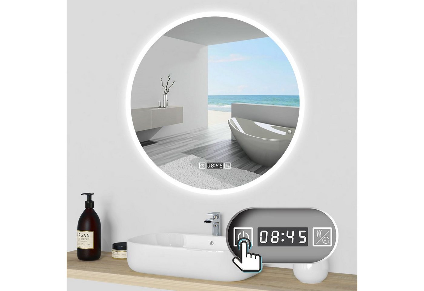 duschspa Badspiegel Wandspiegel Rund Kalt/Neutral/Warmweiß dimmbar Memory, Touch/Wandschalter + Uhr von duschspa