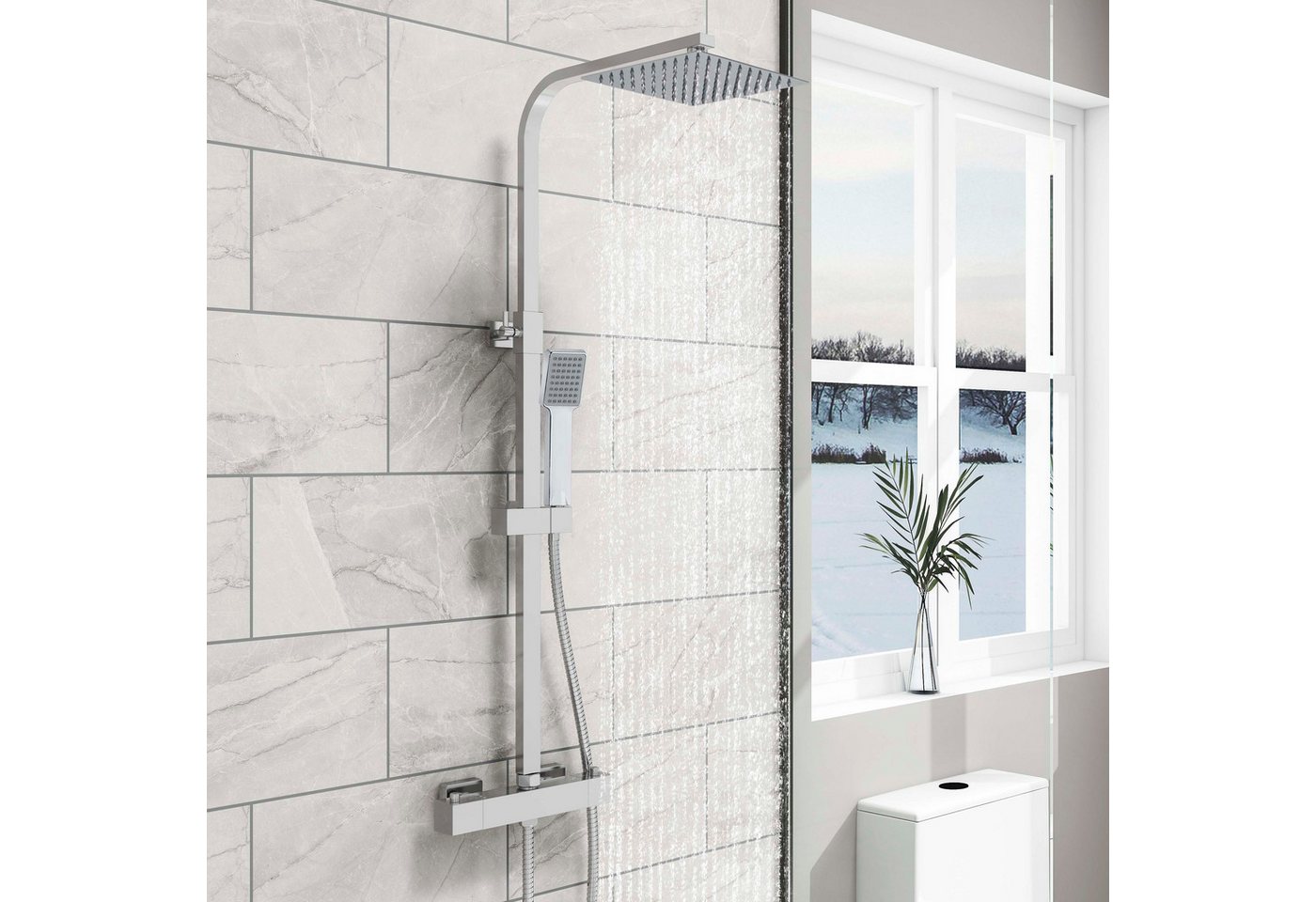 duschspa Duschsystem 20x20cm eckig Regenduschset mit Kopfbrause, 2 Strahlart(en), Wandmontage mit Thermostat Regendusche Chrom/Schwarz Quadratisch von duschspa