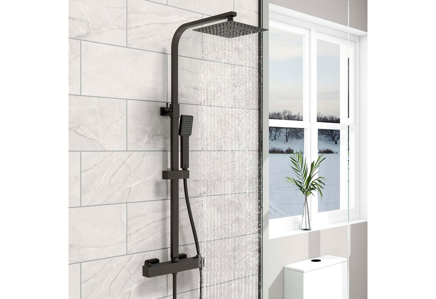 duschspa Duschsystem 20x20cm eckig Regenduschset mit Kopfbrause, 2 Strahlart(en), Wandmontage mit Thermostat Regendusche Chrom/Schwarz Quadratisch von duschspa