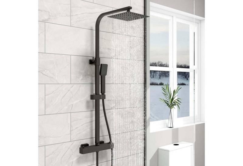 duschspa Duschsystem 20x20cm eckig Regenduschset mit Kopfbrause, 2 Strahlart(en), Wandmontage mit Thermostat Regendusche Chrom/Schwarz Quadratisch von duschspa