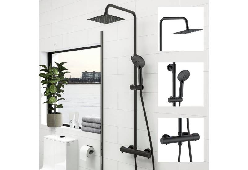 duschspa Duschsystem 20x20cm eckig Regenduschset mit Kopfbrause, 2 Strahlart(en), Wandmontage mit Thermostat Regendusche Chrom/Schwarz Quadratisch von duschspa