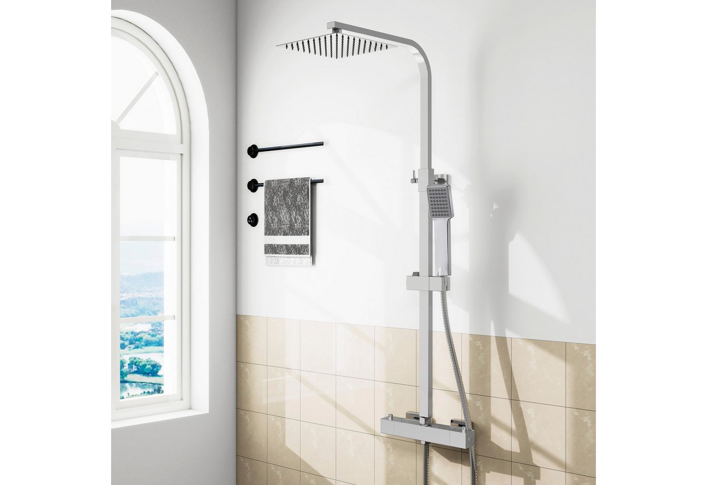 duschspa Duschsystem Duschset mit Thermostat 38℃ Verstellbare Duschstange aus Edelstahl, 2 Strahlart(en), Regendusche mit quadratischem Duschkopf 20x20cm Chrom/Schwarz von duschspa