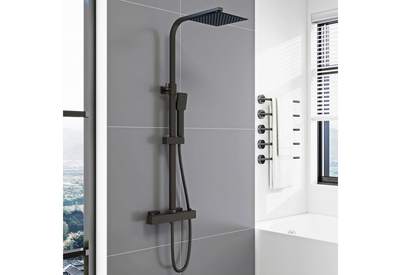 duschspa Duschsystem Duschset mit Thermostat 38℃ verstellbare Duschstange aus Edelstahl, 2 Strahlart(en), Regendusche mit quadratischem Duschkopf 20x20cm von duschspa