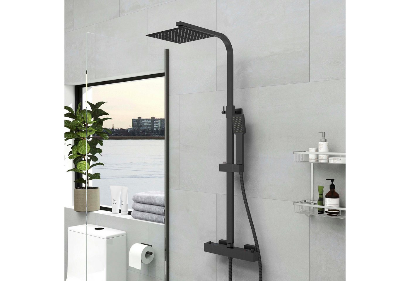 duschspa Duschsystem Thermostat Regendusche Duschsystem Kopfbrause Brausegarnitur, 2 Strahlart(en), Mattschwarz, G1/2, Edelstahl 304, Leicht zu Reinigen von duschspa