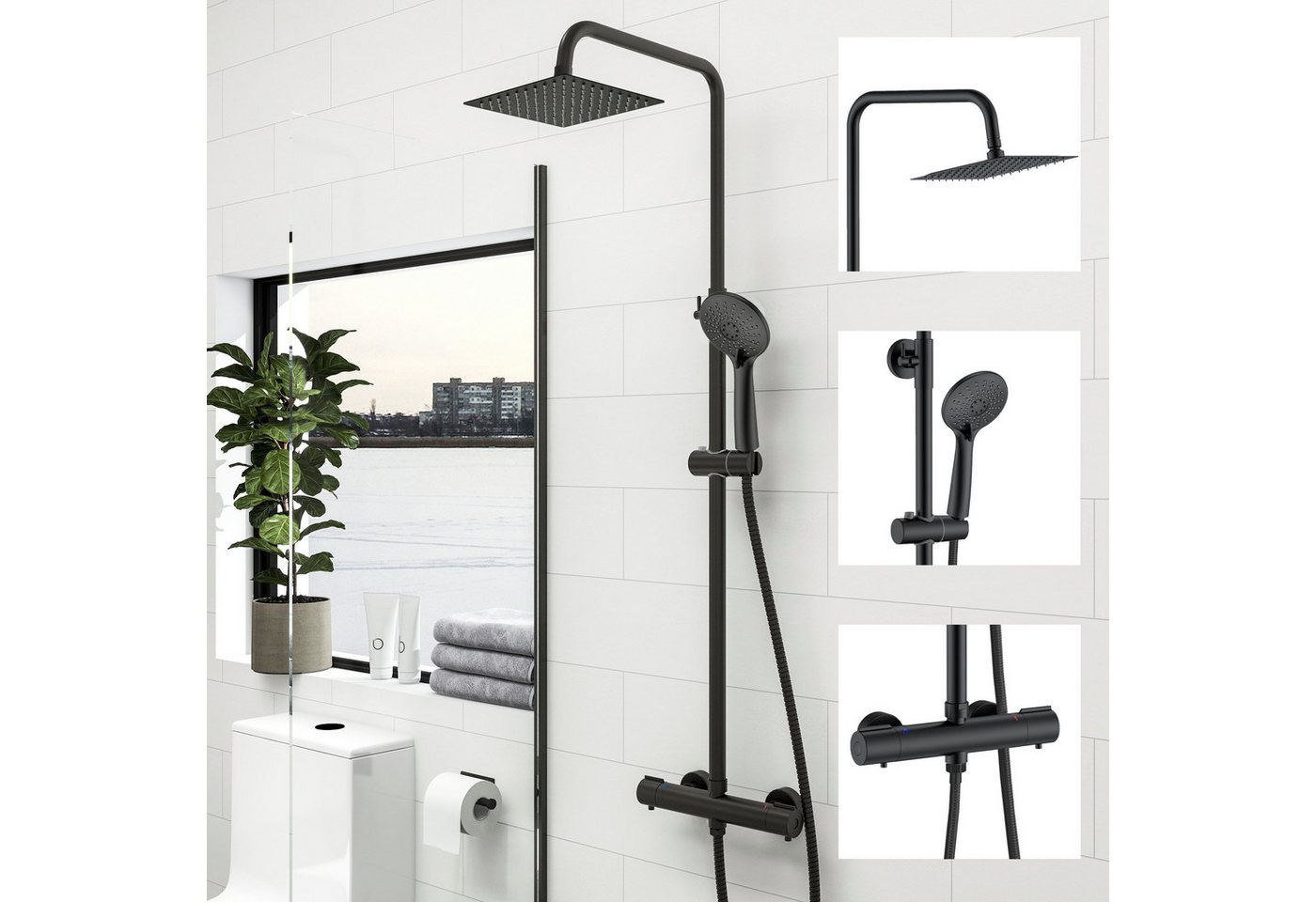 duschspa Duschsystem mit Thermostat Duscharmatur Regendusche Duschset Dusch Handbrause, 2 Strahlart(en), Matt-schwarz Brausegarnitur, Duschkopf mit 3 Strahlarten von duschspa