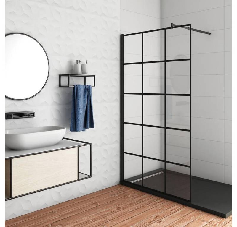 duschspa Duschwand Duschtrennwand mit schwarzem Gitter Duschwand Glaswand 8mm Nano Glas, Einscheibensicherheitsglas, Sicherheitsglas, (Set), Glas von duschspa
