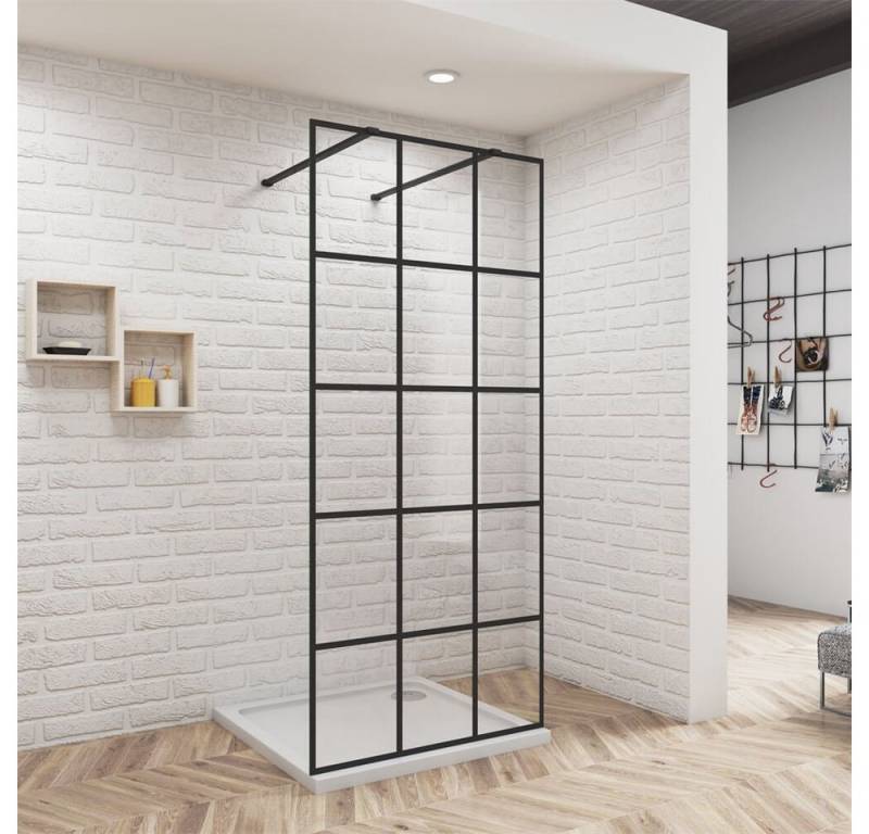 duschspa Duschwand Duschwand + 2* Stangen Trennwand mit schwarzem Gitter Walk in Dusche, Einscheibensicherheitsglas, Sicherheitsglas, (Set), Nano Glas von duschspa