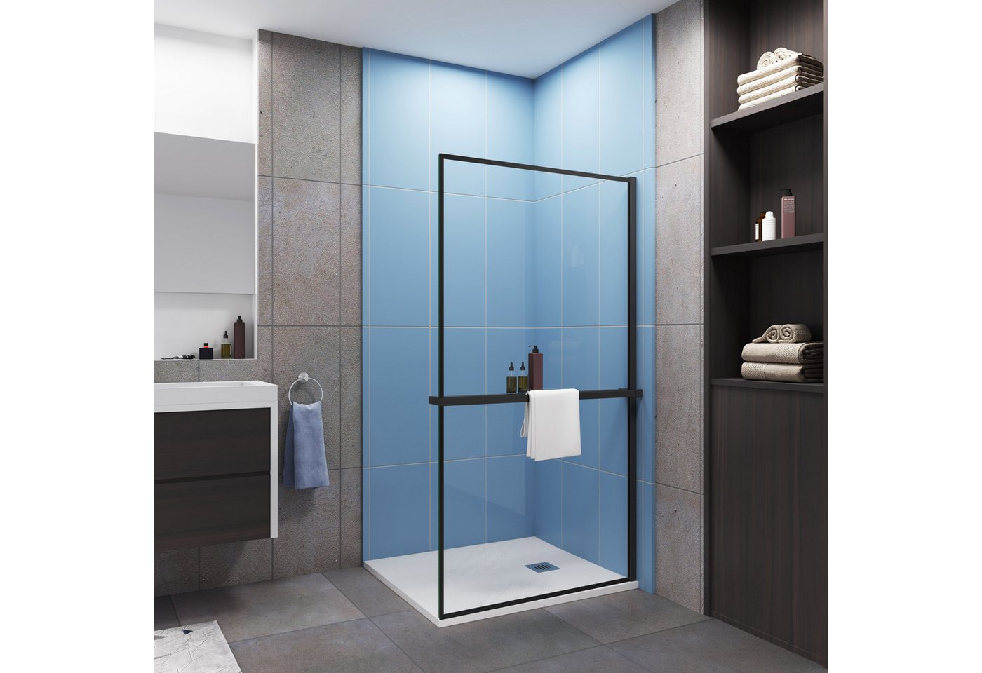 duschspa Walk-in-Dusche Walk in Dusche 8mm Nano Glas Duschwand Lagerregal Schwarze Grenze, Einscheibensicherheitsglas, (Set), 8mm Nano ESG, Höhe 200cm von duschspa