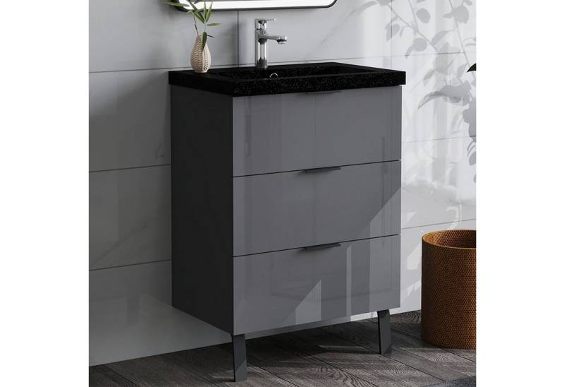 duschspa Waschtisch Badmöbel Set Waschbecken mit Unterschrank Badezimmer Möbel Schrank (Hängeschrank, mit Schrankfüße), Hochglanz, ca. 85cm hoch, 60/80cm breit von duschspa