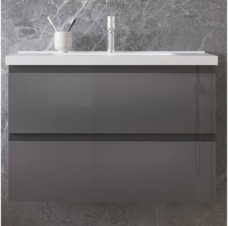 duschspa Waschtisch Badmöbel Set Waschbecken mit Unterschrank MDF, Hochglanz, Softclose, mit Überlauf von duschspa