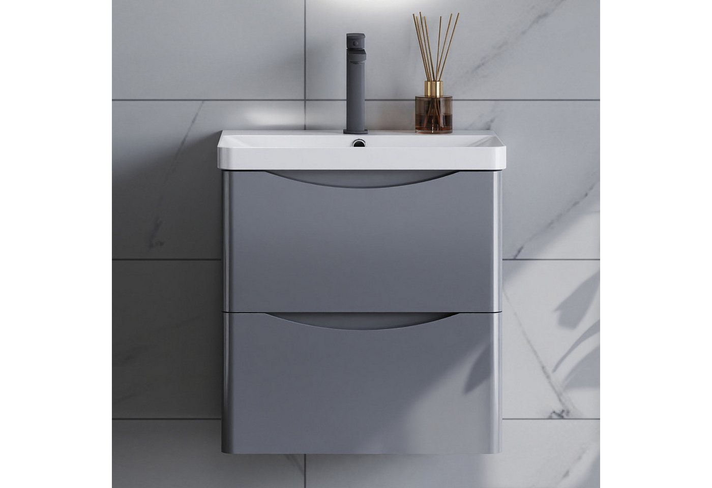 duschspa Waschtisch Waschbecken mit Unterschrank Badmöbel Set Modern (Smiley), Hochglanz Dunklegrau von duschspa