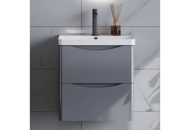 duschspa Waschtisch Waschbecken mit Unterschrank Badmöbel Set Modern (Smiley), Hochglanz Dunklegrau von duschspa