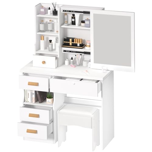 Schminktisch mit Spiegel und Lichtern, 5 Schubladen mit Schiebespiegel & reichlich Stauraum, stabil und stilvoll, für Schlafzimmer für Damen von dutwirtz