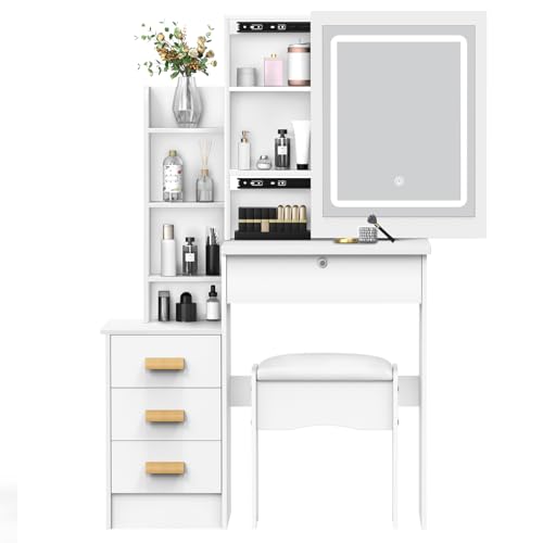 Vanity Desk with Mirror and Lights, Dressing Table, 4 Drawers & Sliding Lighted Mirror 3 - Color Adjustable for Bedroom Women von dutwirtz