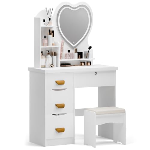 Vanity Table with Lights and Mirror, 4 Drawers Makeup Desk with Heart LED Mirror Stool for Bedroom Storage Organization Girls Women Vanity Table with Lights and Mirror, 4 Drawers Makeup Desk with Heart LED Mirror Stool for Bedroom Storage Organization Girls Women von dutwirtz