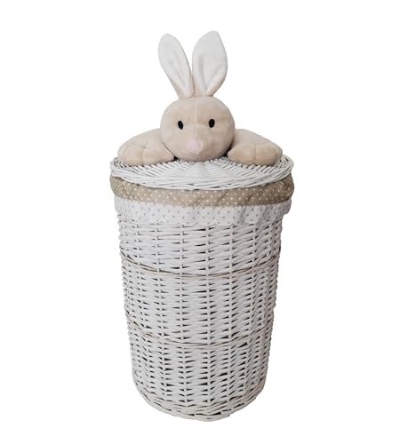 Wäschekorb Wäschetruhe Weide rund weiß Deckel mit Plüschtier Hase beige 60L D.39 H.55 T07Rd-b von dvier