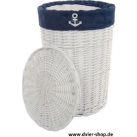 Wäschekorb Weide Weiß Marineblau Rund 60L von dvier24