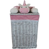 Wäschekorb Wäschetruhe Weide Rechteckig Weiß Mit Bezug in Baby Rosa Plüschtier Einhorn 37x27 H.50 von dvier24