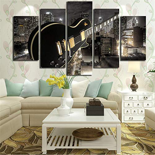 dxycfa 5 Panels Leinwanddrucke Gitarre Und Stadt Leinwände Print Home Leinwand Muster Poster Artwork Wanddekoration Design Wand Bild 150Cmx80Cm von dxycfa