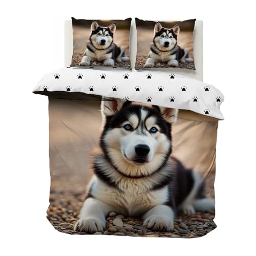 dyausi Bettwäsche 135x200 Hund Husky Bettwäsche-Sets Weiche Microfaser Wende Bettbezug 135 x 200 3D Tier und 2 Kissenbezug 80x80 cm mit Reißverschluss (Braun) von dyausi