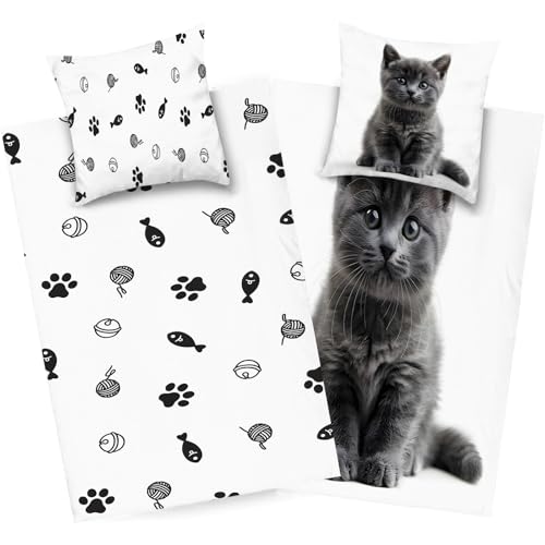 dyausi Katze Bettwäsche 155x220 Dunkelgrau Weiß, Tier Bettbezug 2 teilig, Kind Wend Bettwäsche Microfaser, Deckenbezug mit Reißverschluss und 1 Kissenbezug, H289 von dyausi