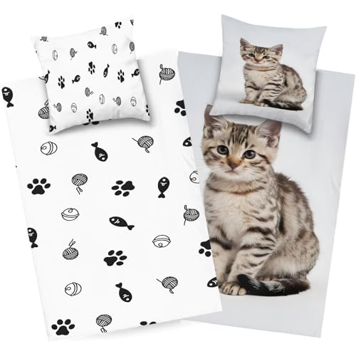 dyausi Katze Bettwäsche 200x200Braun Grau, Tier Bettwäsche Set Microfaser, Wend Bettbezug Kind, Weich Deckenbezug mit Reißverschluss und 2 Kissenbezug, H276 von dyausi