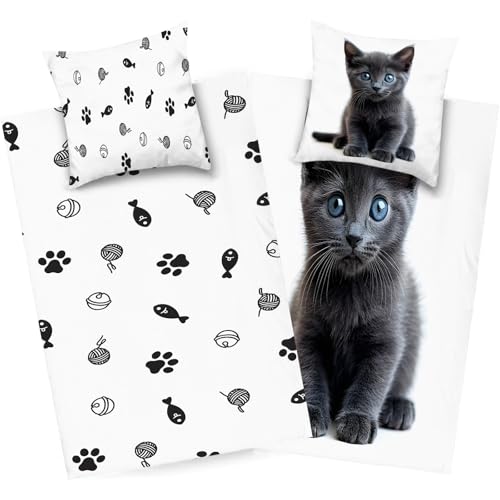 dyausi Katze Bettwäsche 200x200Dunkelgrau Weiß, Tier Bettwäsche Set Microfaser, Wend Bettbezug Kind, Weich Deckenbezug mit Reißverschluss und 2 Kissenbezug, H278 von dyausi