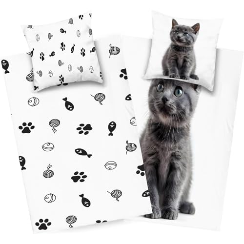 dyausi Katze Bettwäsche 200x200Dunkelgrau Weiß, Tier Bettwäsche Set Microfaser, Wend Bettbezug Kind, Weich Deckenbezug mit Reißverschluss und 2 Kissenbezug, H290 von dyausi
