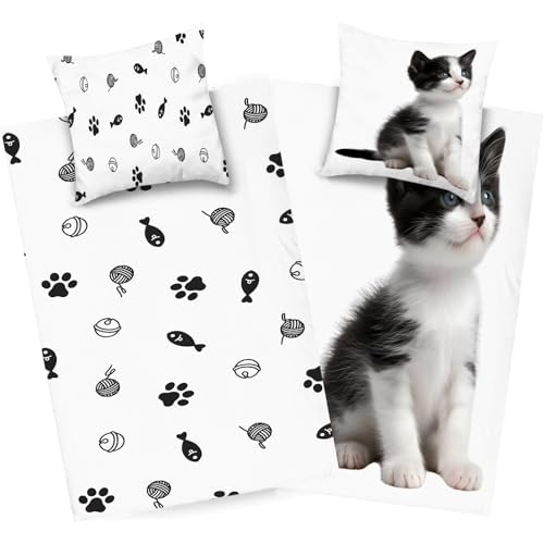 dyausi Katze Bettwäsche 200x200Schwarz Weiß, Tier Bettwäsche Set Microfaser, Wend Bettbezug Kind, Weich Deckenbezug mit Reißverschluss und 2 Kissenbezug, H269 von dyausi