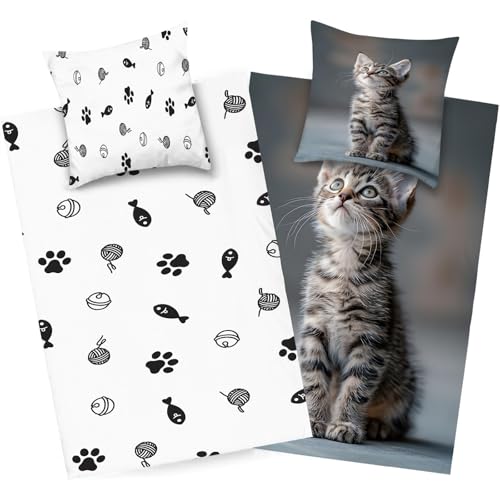 dyausi Katze Bettwäsche 200x220 Blau Braun, Tier Bettbezug Microfaser, Kind Wendebettwäsche, Weich Bettdeckenbezug mit Reißverschluss und 2 Kissenbezug, H274 von dyausi