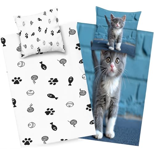 dyausi Katze Bettwäsche 200x220 Blau Grau, Tier Bettbezug Microfaser, Kind Wendebettwäsche, Weich Bettdeckenbezug mit Reißverschluss und 2 Kissenbezug, H291 von dyausi