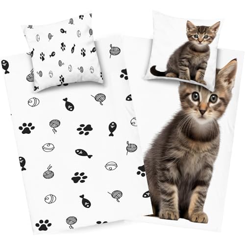 dyausi Katze Bettwäsche 200x220 Braun Weiß, Tier Bettbezug Microfaser, Kind Wendebettwäsche, Weich Bettdeckenbezug mit Reißverschluss und 2 Kissenbezug, H268 von dyausi