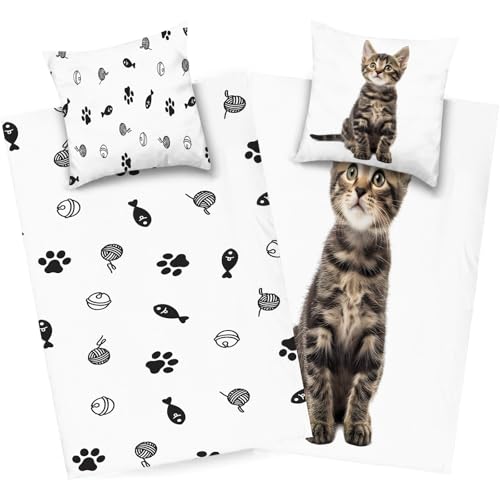 dyausi Katze Bettwäsche 200x220 Braun Weiß, Tier Bettbezug Microfaser, Kind Wendebettwäsche, Weich Bettdeckenbezug mit Reißverschluss und 2 Kissenbezug, H284 von dyausi