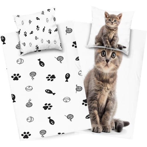 dyausi Katze Bettwäsche 200x220 Braun Weiß, Tier Bettbezug Microfaser, Kind Wendebettwäsche, Weich Bettdeckenbezug mit Reißverschluss und 2 Kissenbezug, H285 von dyausi