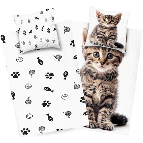 dyausi Katze Bettwäsche 200x220 Braun Weiß, Tier Bettbezug Microfaser, Kind Wendebettwäsche, Weich Bettdeckenbezug mit Reißverschluss und 2 Kissenbezug, H293 von dyausi