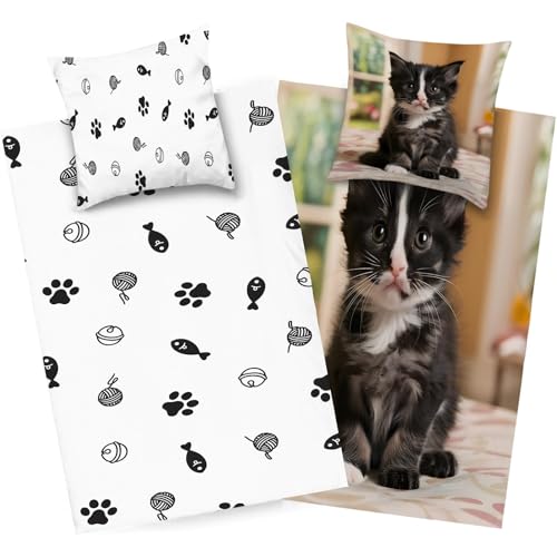 dyausi Katze Bettwäsche 200x220 Schwarz Braun, Tier Bettbezug Microfaser, Kind Wendebettwäsche, Weich Bettdeckenbezug mit Reißverschluss und 2 Kissenbezug, H280 von dyausi