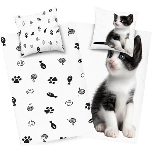 dyausi Katze Bettwäsche 200x220 Schwarz Weiß, Tier Bettbezug Microfaser, Kind Wendebettwäsche, Weich Bettdeckenbezug mit Reißverschluss und 2 Kissenbezug, H270 von dyausi