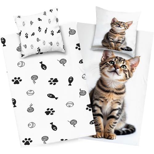 dyausi Katze Bettwäsche 220x240 Braun Grau, Tier Bettwäsche Set Microfaser, Wend Bettbezug Kind, Deckenbezug mit Reißverschluss und 2 Kissenbezug 80x80, H267 von dyausi