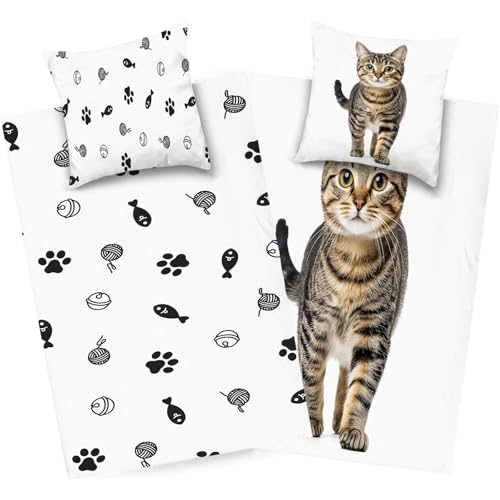 dyausi Katze Bettwäsche 220x240 Braun Weiß, Tier Bettwäsche Set Microfaser, Wend Bettbezug Kind, Deckenbezug mit Reißverschluss und 2 Kissenbezug 80x80, H266 von dyausi