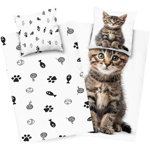 dyausi Katze Bettwäsche 220x240 Braun Weiß, Tier Bettwäsche Set Microfaser, Wend Bettbezug Kind, Deckenbezug mit Reißverschluss und 2 Kissenbezug 80x80, H275 von dyausi