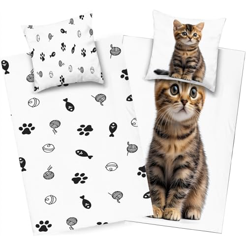 dyausi Katze Bettwäsche 220x240 Braun Weiß, Tier Bettwäsche Set Microfaser, Wend Bettbezug Kind, Deckenbezug mit Reißverschluss und 2 Kissenbezug 80x80, H281 von dyausi