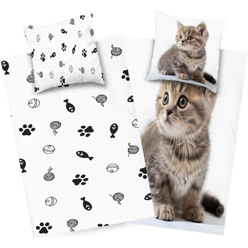 dyausi Katze Bettwäsche 220x240 Braun Weiß, Tier Bettwäsche Set Microfaser, Wend Bettbezug Kind, Deckenbezug mit Reißverschluss und 2 Kissenbezug 80x80, H286 von dyausi