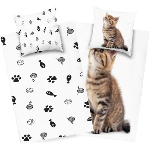 dyausi Katze Bettwäsche 220x240 Braun Weiß, Tier Bettwäsche Set Microfaser, Wend Bettbezug Kind, Deckenbezug mit Reißverschluss und 2 Kissenbezug 80x80, H287 von dyausi