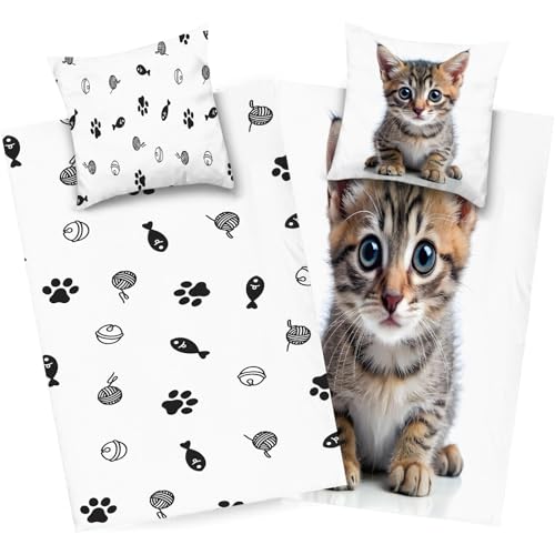dyausi Katze Bettwäsche 220x240 Braun Weiß, Tier Bettwäsche Set Microfaser, Wend Bettbezug Kind, Deckenbezug mit Reißverschluss und 2 Kissenbezug 80x80, H295 von dyausi