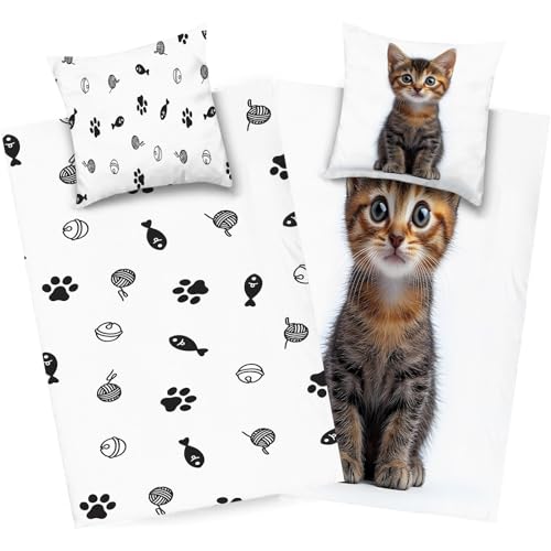dyausi Katze Bettwäsche 220x240 Braun Weiß, Tier Bettwäsche Set Microfaser, Wend Bettbezug Kind, Deckenbezug mit Reißverschluss und 2 Kissenbezug 80x80, H296 von dyausi