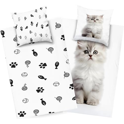 dyausi Katze Bettwäsche 220x240 Grau Weiß, Tier Bettwäsche Set Microfaser, Wend Bettbezug Kind, Deckenbezug mit Reißverschluss und 2 Kissenbezug 80x80, H265 von dyausi