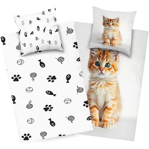 dyausi Katze Bettwäsche 220x240 Orange Weiß, Tier Bettwäsche Set Microfaser, Wend Bettbezug Kind, Deckenbezug mit Reißverschluss und 2 Kissenbezug 80x80, H297 von dyausi