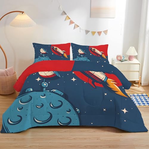 dyausi Raketenplanet Bettdecke 135x200 Kinder - Raum Bettdecke Ohne Bezug - Ultraweich Wende Kinderbettdecke - 4 Jahreszeiten Bettdecken 135 x 200 cm mit 1 Kissenbezug 80x80cm, Navy Blau von dyausi