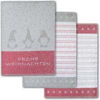 Dyckhoff Geschirrtuch "Wichtel, mit Schriftzug Frohe Weihnachten, Streifen und Sternen" mit 3 verschiedenen Motiven, Maße je Tuch ca. 50x70 cm, 100% Baumwolle von dyckhoff