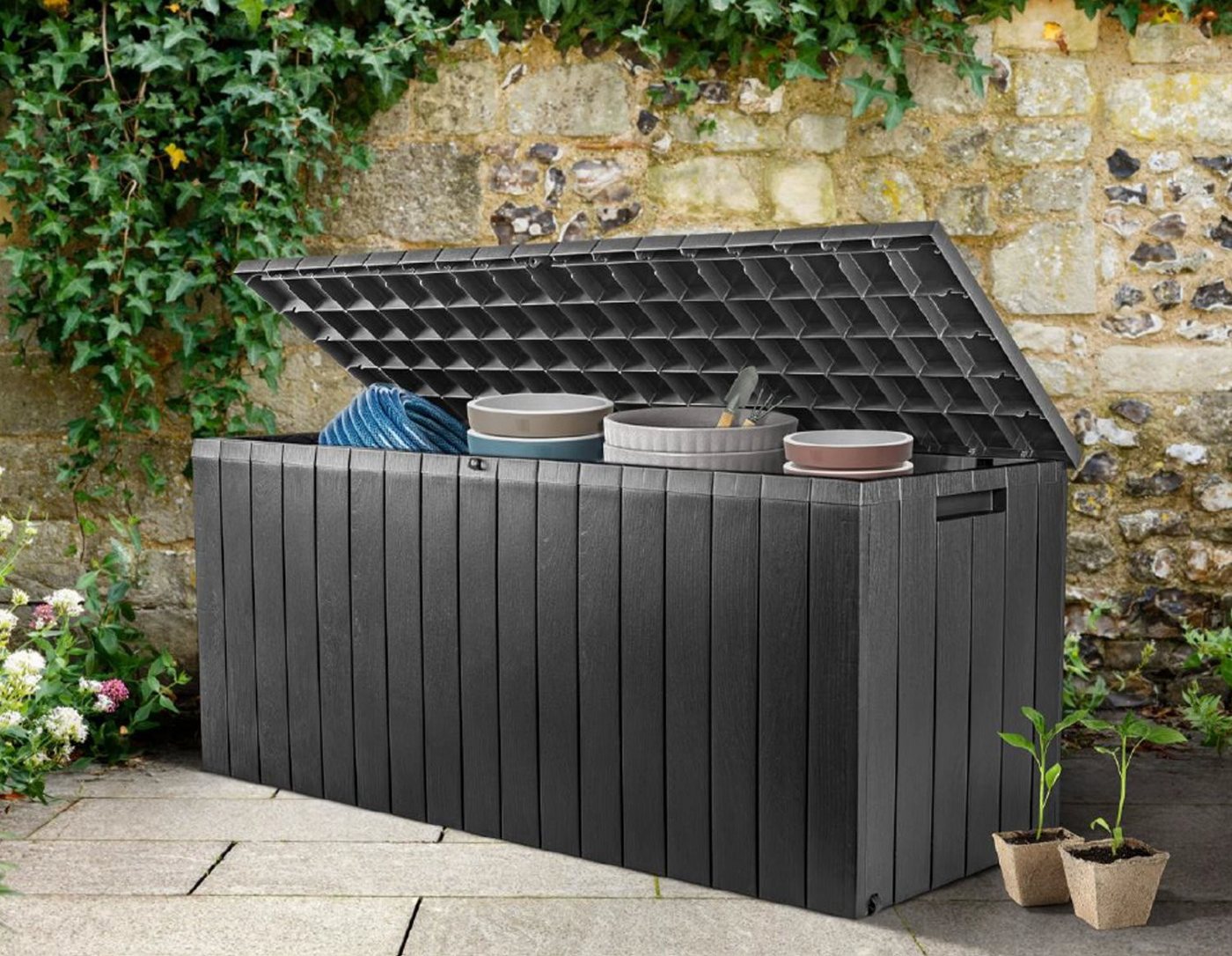 dynamic24 Auflagenbox, auf Rollen in Holz-Optik 268L, Truhe für Kissen von dynamic24